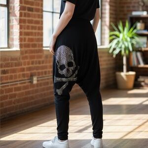 3 Queen Black Fringe Rhinestone Skull Parachute Pants